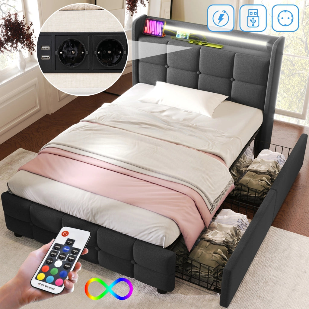Letto singolo 90x200 - Xylo - Grigio con 2 cassetti e USB