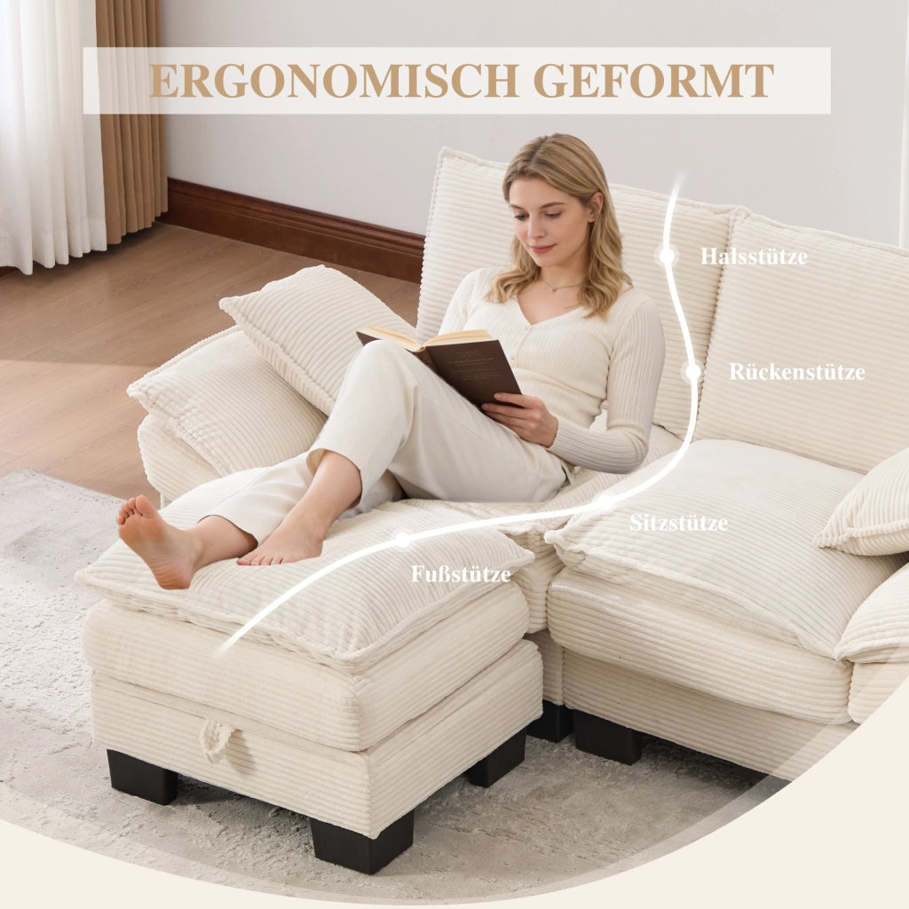 Divano 2 posti con contenitore e USB-C in corduroy beige 190×132×84 cm