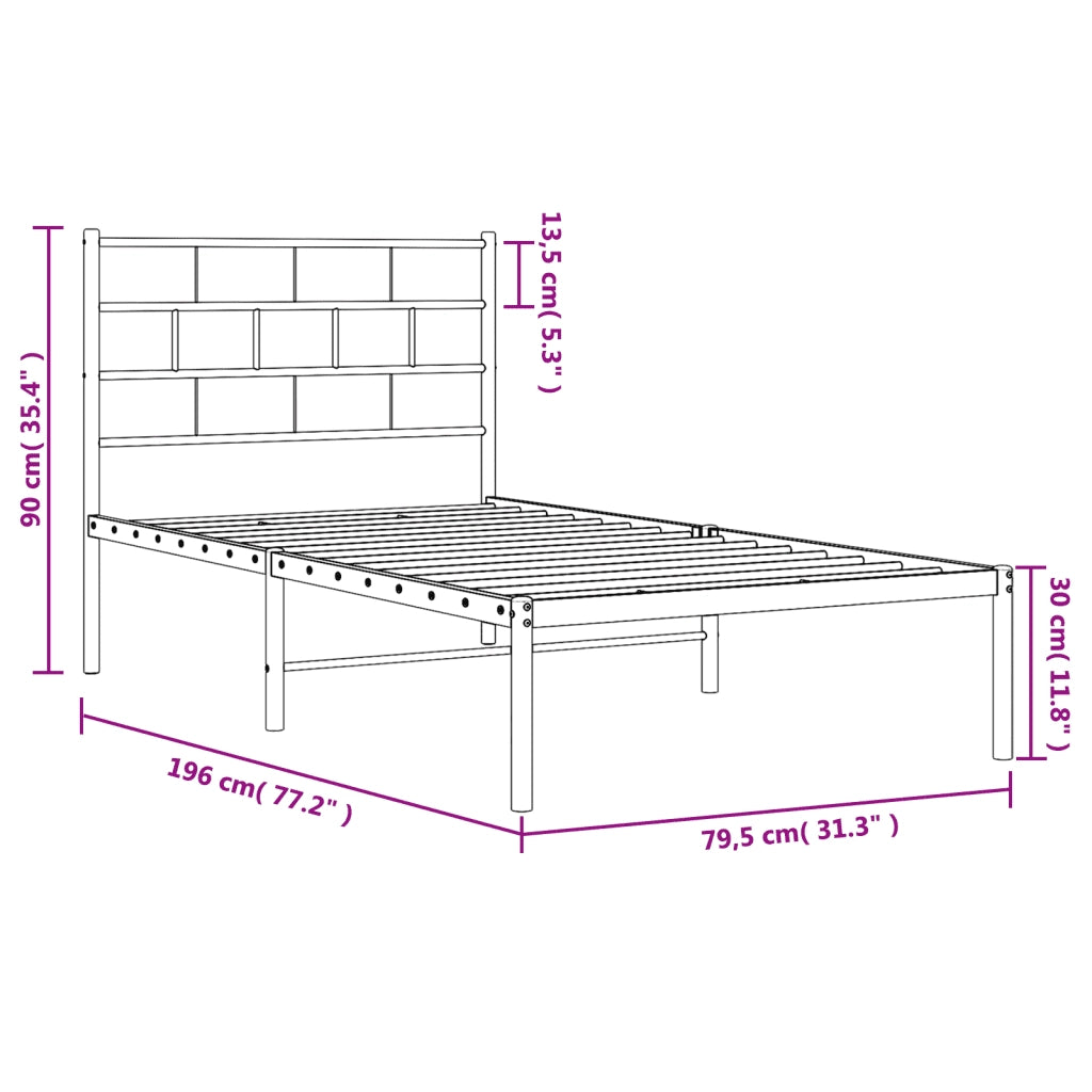 Letto singolo | Letto per adulti | Giroletto senza Materaso con Testiera Metallo Bianco 75x190 cm