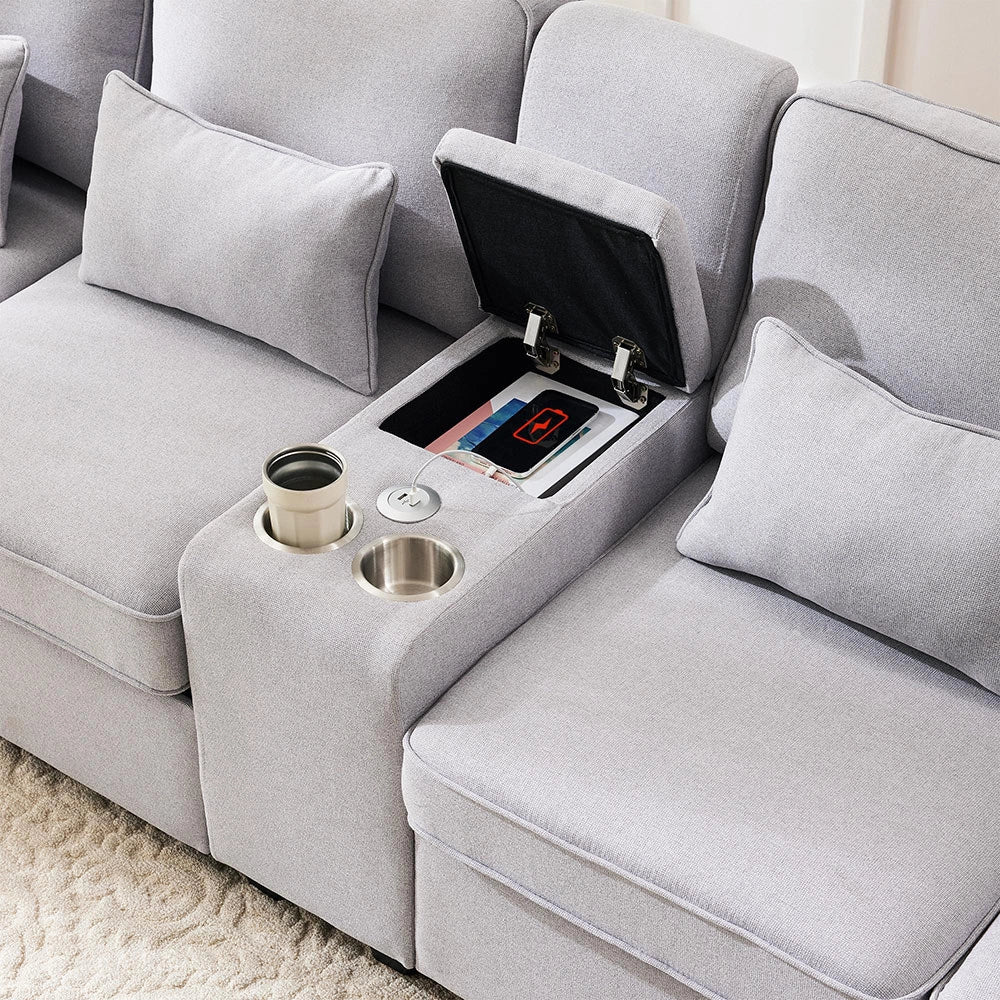Divano 4 posti - Xylo - in lino con console 2 USB tasche braccioli
