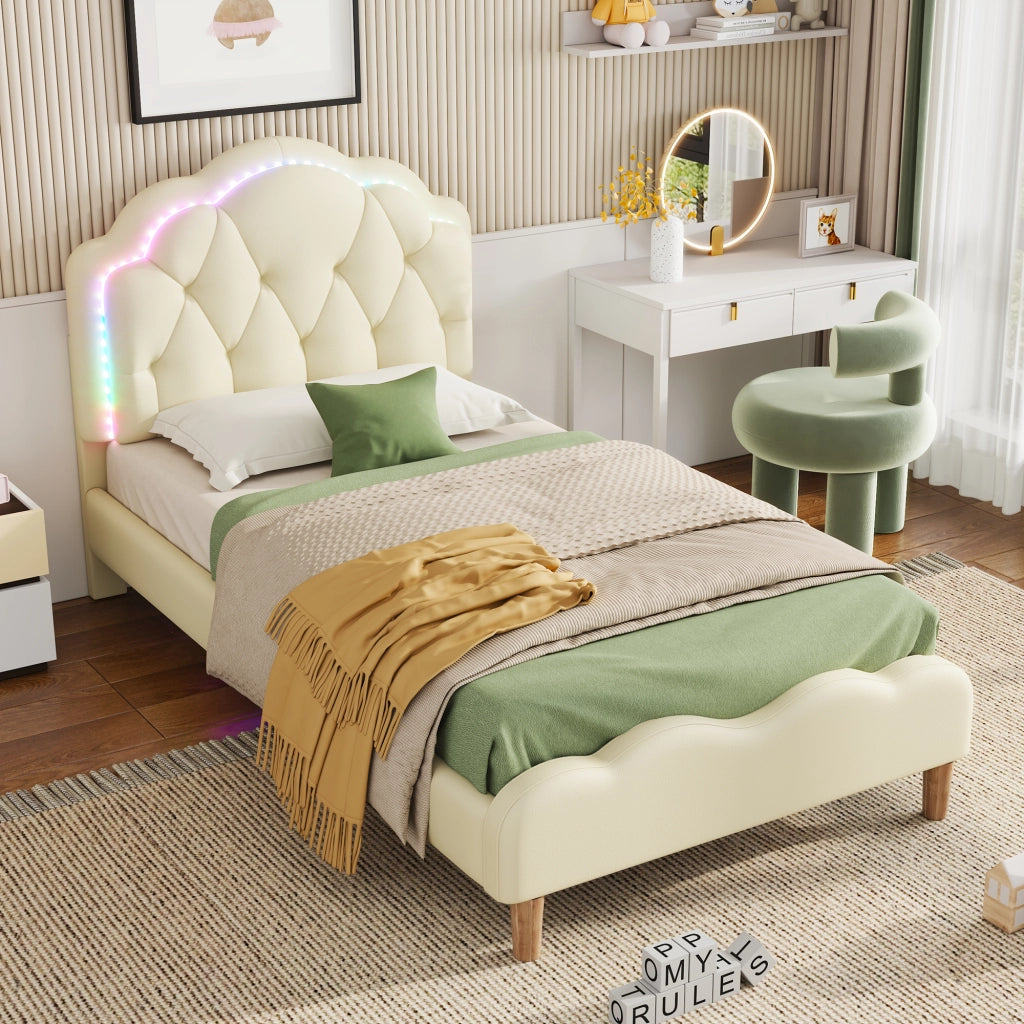 LETTO Polsterato 90x200 cm PU Beige con testiera ondulata e LED