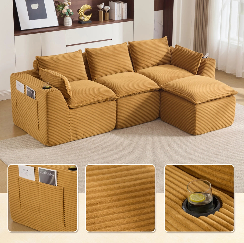 Divano modulare 3 posti con pouf; tasche laterali e cuscini; in corduroy arancione 256x161x75 cm