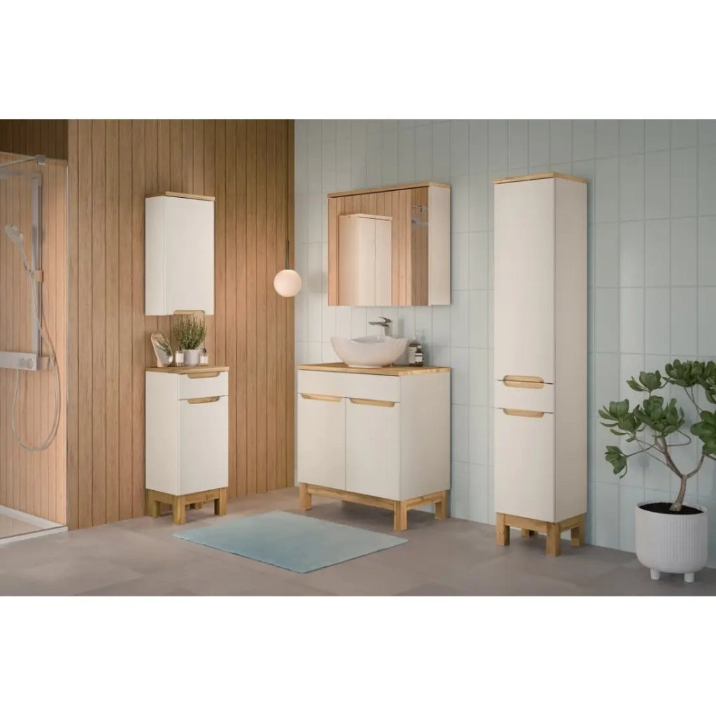 Set ERMANO cashmere e effetto quercia 150cm: mobile sottolavabo + lavabo da appoggio + mobili sospesi e da appoggio