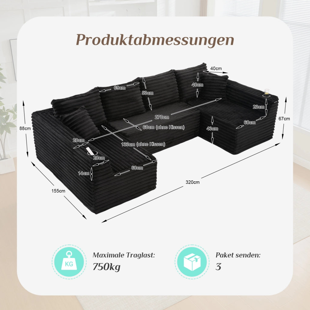 Divano ad U in Velluto a Coste con Portabicchieri ¨C MINIMAL ¨C Angolare, Cuscini, Ergonomico