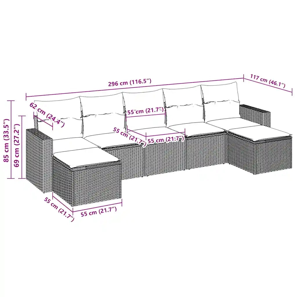 Set Divani da Giardino 7 pz con Cuscini Marrone in Polyrattan
