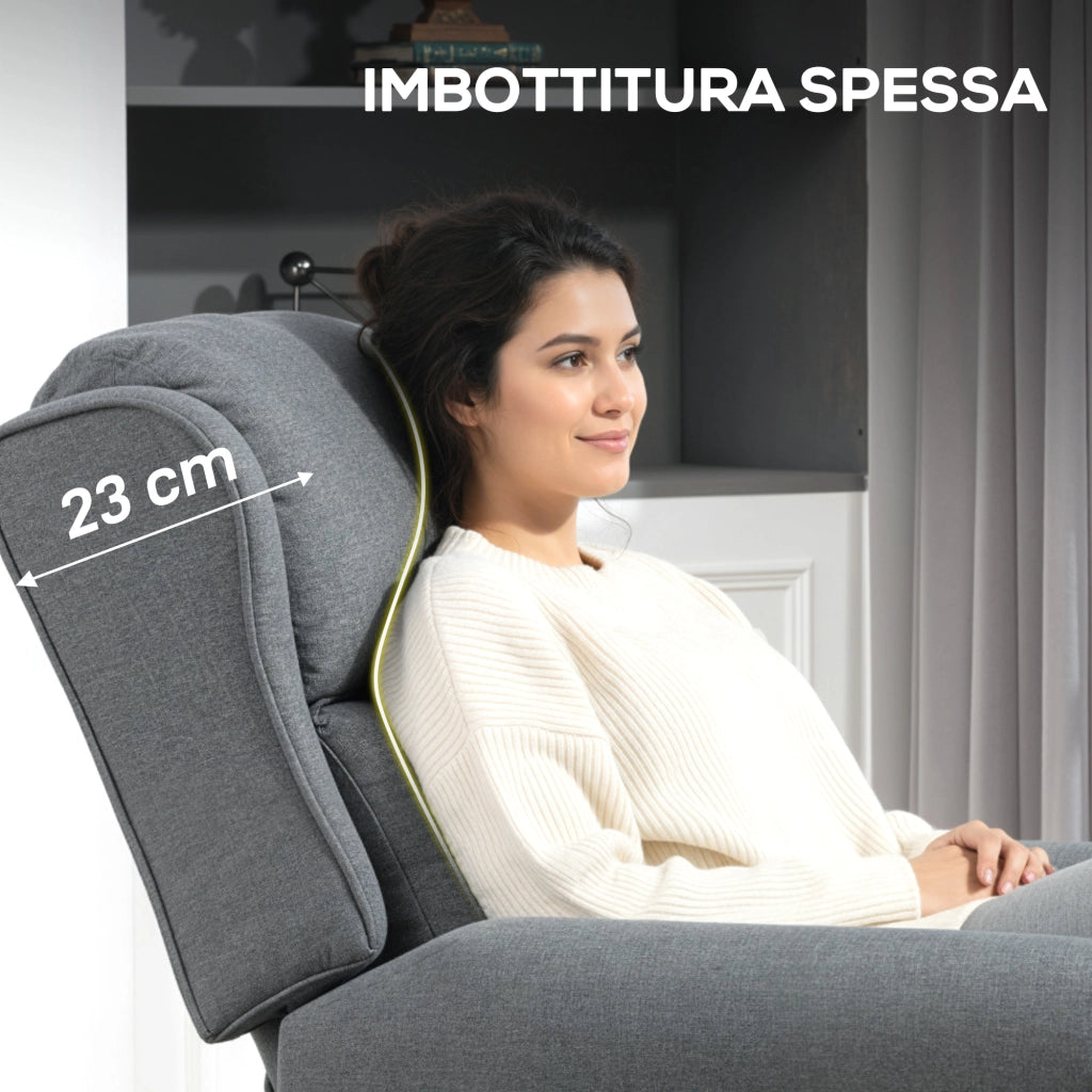Poltrona Reclinabile 132° Max 74x84x102 cm in Tessuto Effetto Lino con Poggiapiedi Grigio
