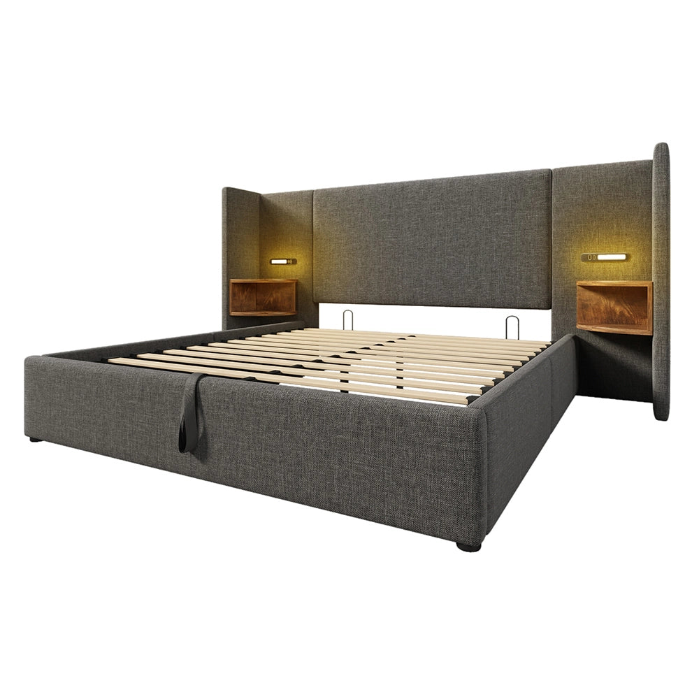 Letto matrimoniale 160x200 cm - Xylo - Grigio con comodini e lampada USB-C