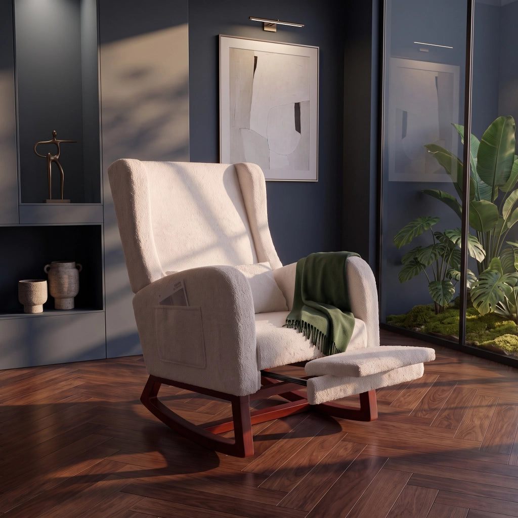 Poltrona relax a dondolo 73x62x48 cm con poggiapiedi e tasche;sedia a dondolo da interno per allattamento;struttura in legno e teddy bianco
