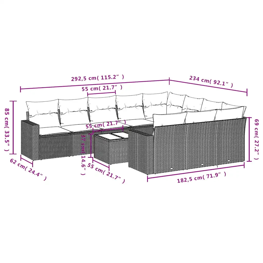 Set Divani da Giardino 11 pz con Cuscini in Polyrattan Grigio 3219491