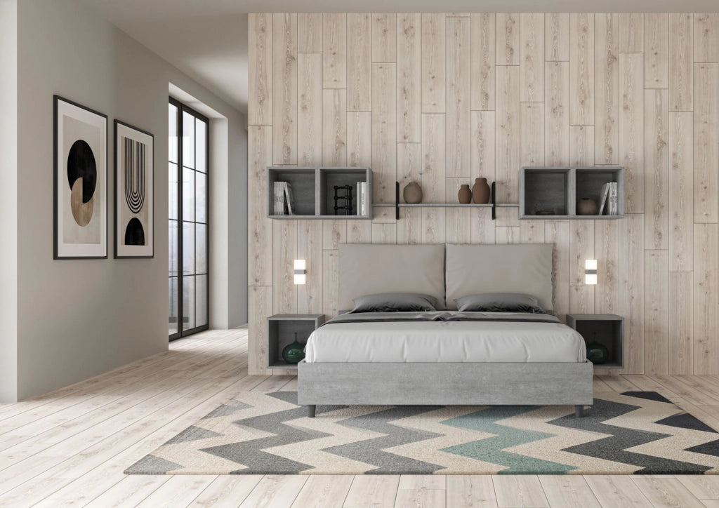BS COM Letto matrimoniale con rete 160x200 Cemento cuscini similpelle tortora