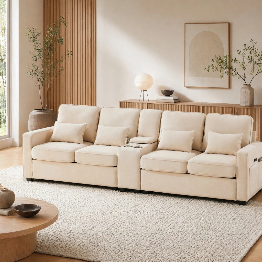 Sofa 4 posti in tessuto effetto lino beige con console; portabicchieri; USB e cuscini