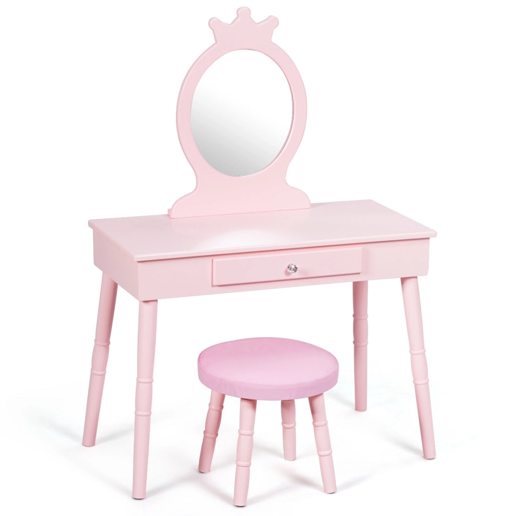 Toeletta con specchio per bambini, Set tavolo e sedia toeletta con cassetti e sgabello imbottito Rosa