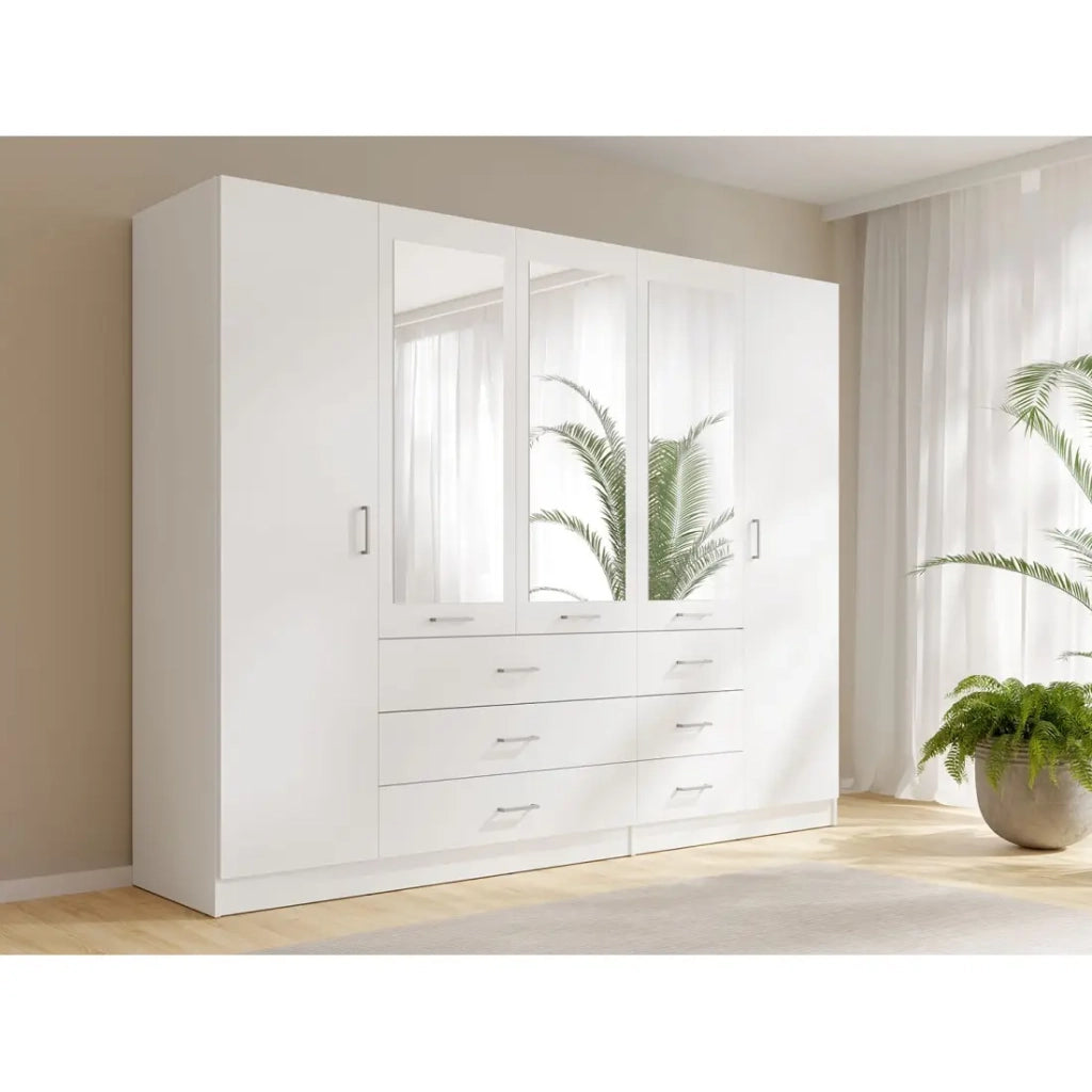 Armadio KALISTA 250 cm bianco con specchi e 6 cassetti