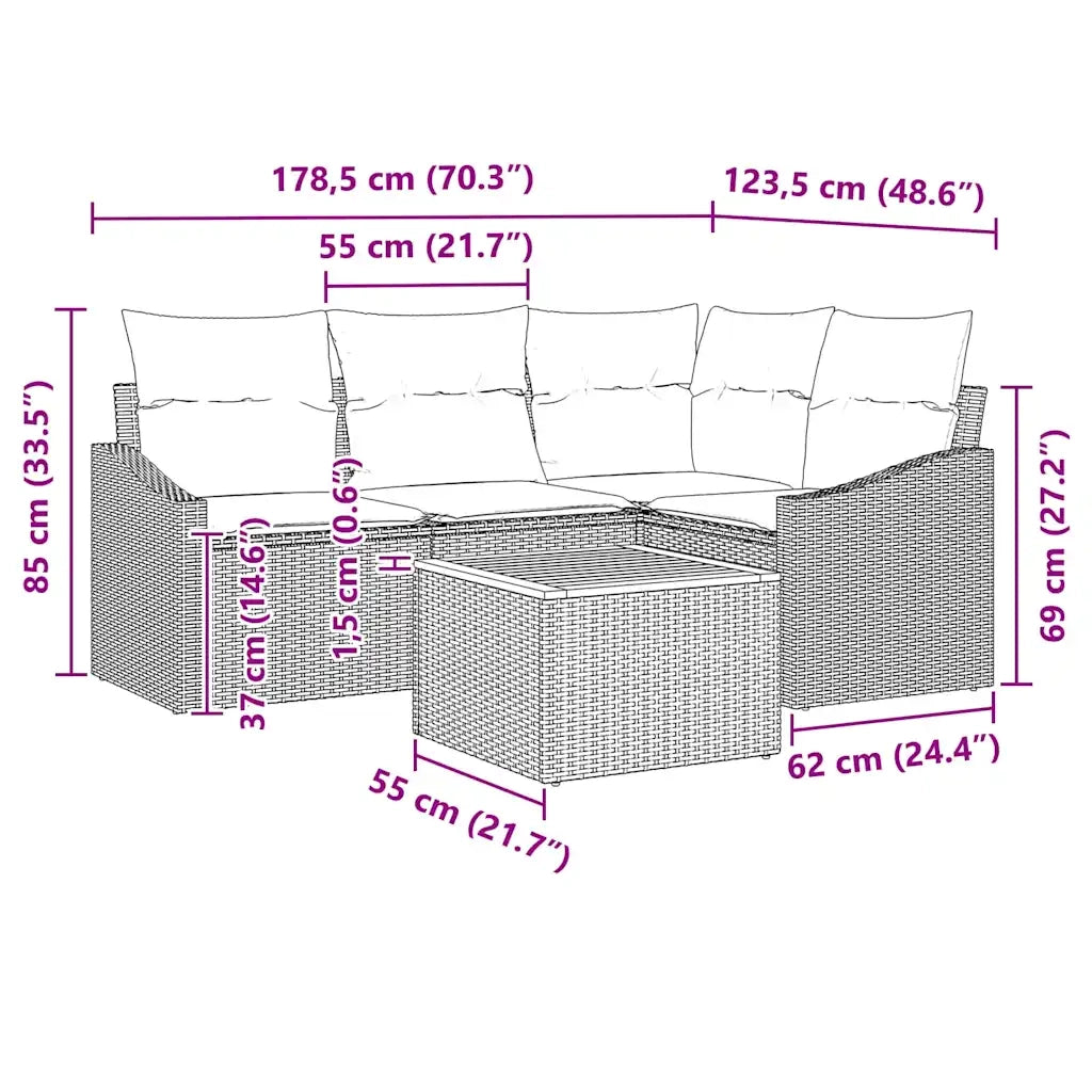 Set Divano da Giardino con cuscino 5 pcs Beige polyrattan 3347827