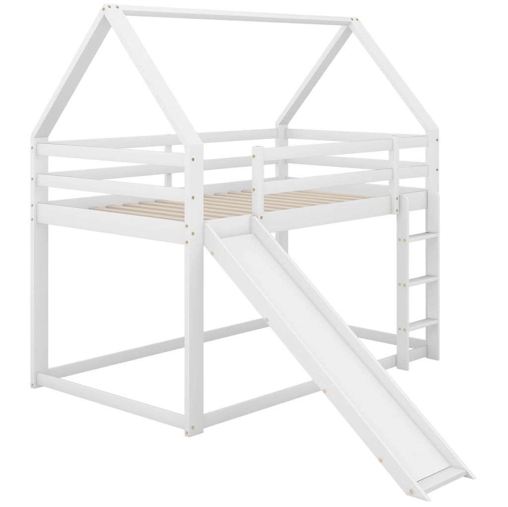 Letto a castello a casetta 90x200 cm con scivolo e scala, bianco