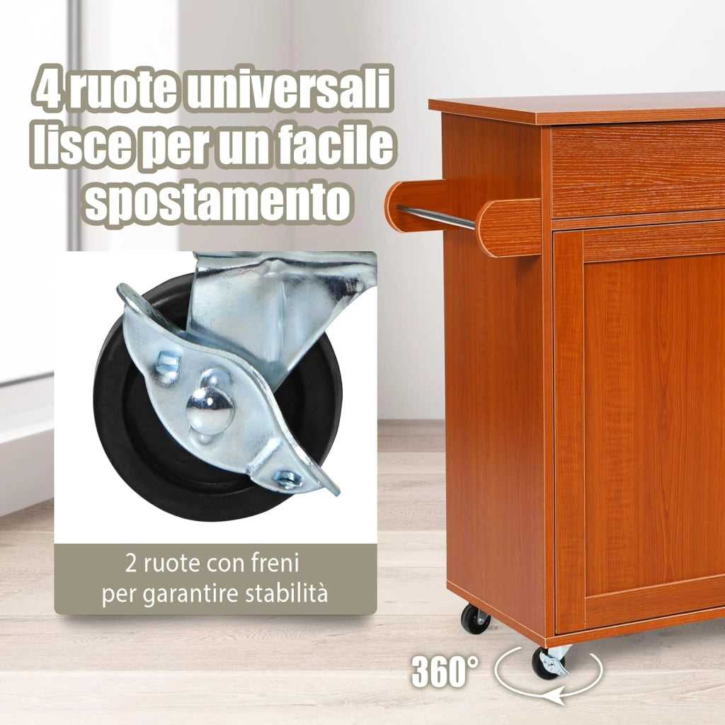 Carrello da Cucina con Ruote di Gomma, Scaffale per Microonde Carrello Servizio, Mobile Cucina con Ripiani e Ante, Credenza Cucina Legno Moderno Elegante, 116 x 37 x 85 cm (Marrone)