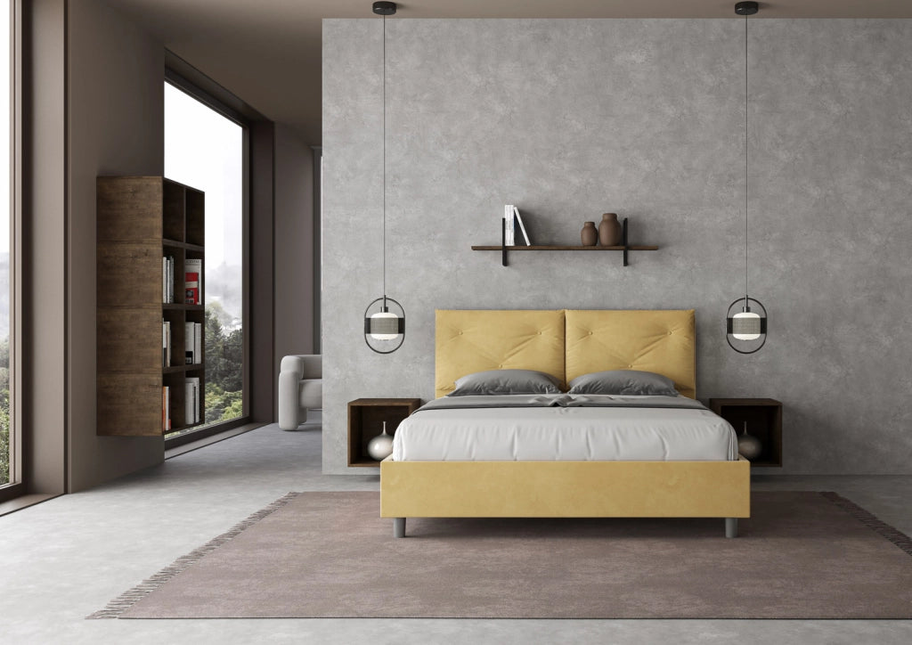 BS COM Letto matrimoniale contenitore doppia alzata imbottito 160x210 microfibra ocra