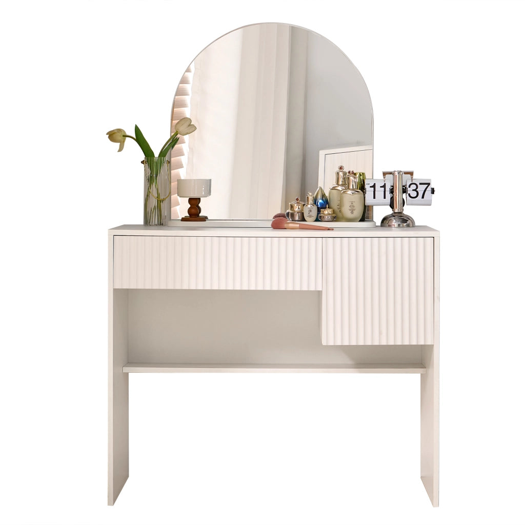 Tavolo trucco con specchio arcuato, 2 cassetti, design moderno, bianco, MDF