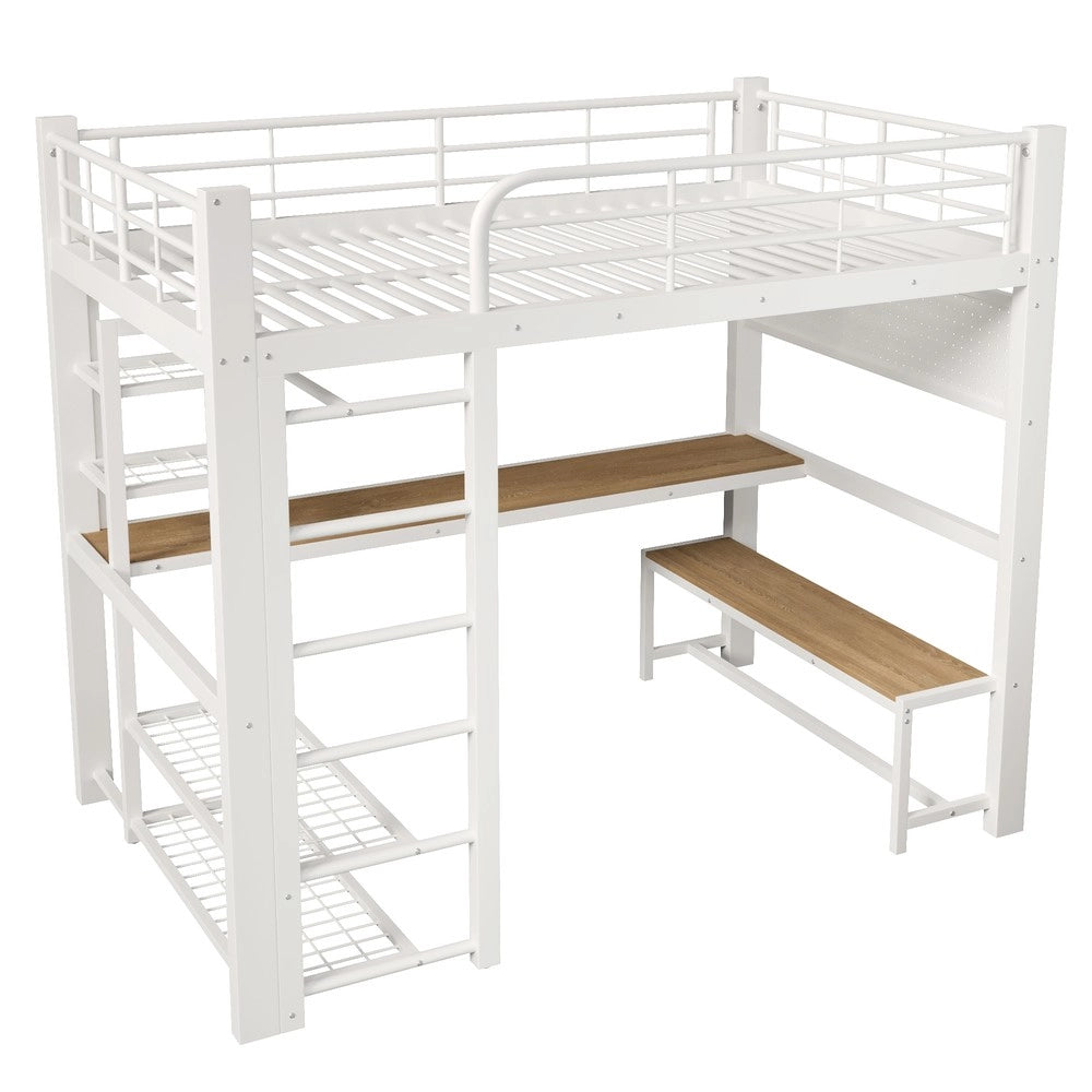 Letto a Soppalco con LED e Scala con Contenitore ¨C MINIMAL ¨C Metallo Bianco 140x200cm
