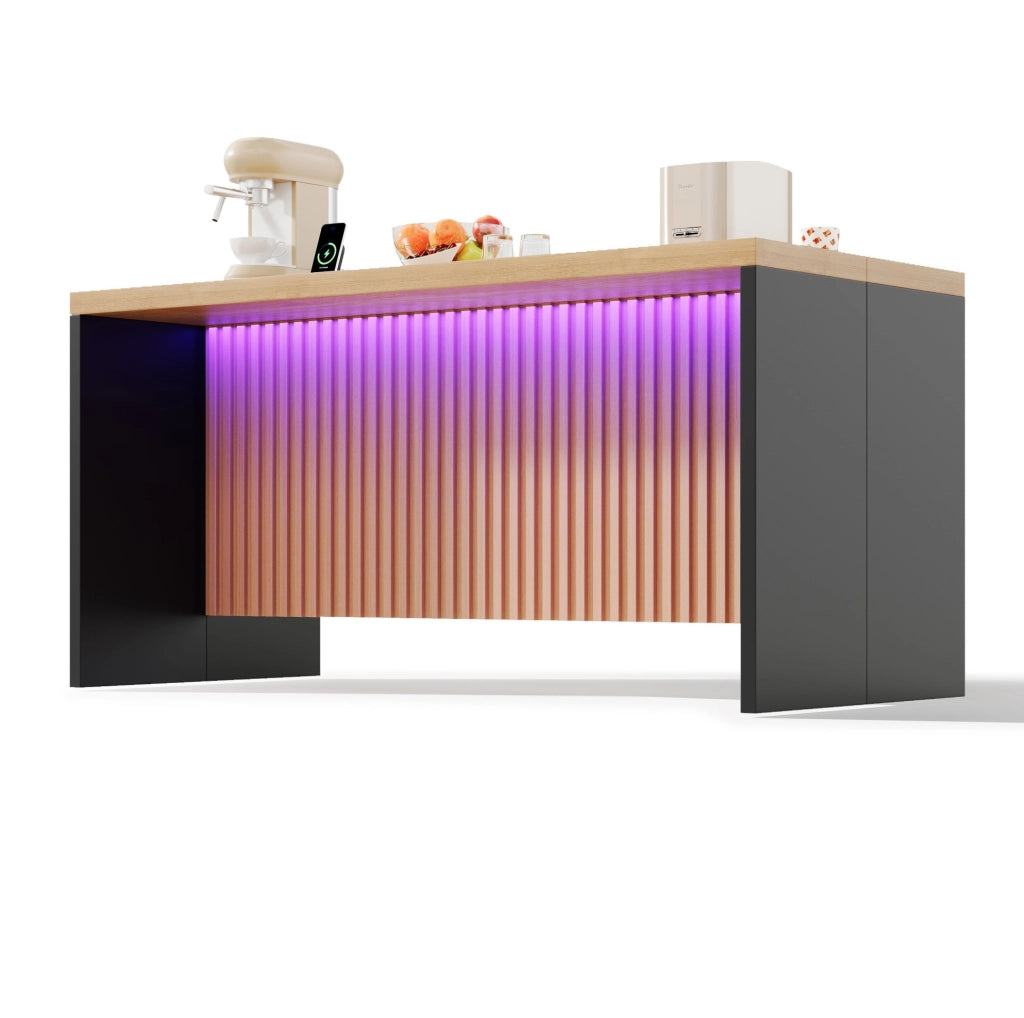 Isola cucina industrial 155x80x90 cm in MDF effetto legno e nero; con LED; prese e USB