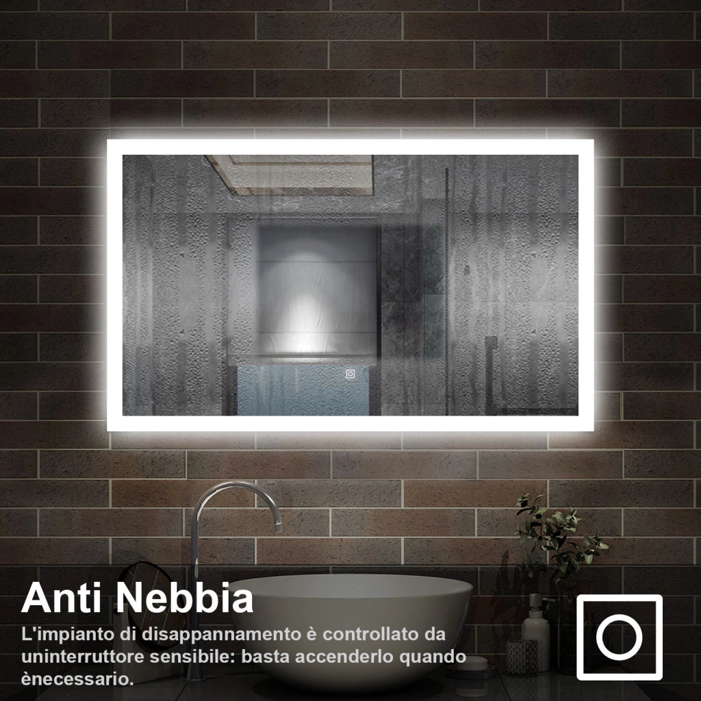 specchio rettangolare 100x60 cm con luce led, antiappannamento e touch