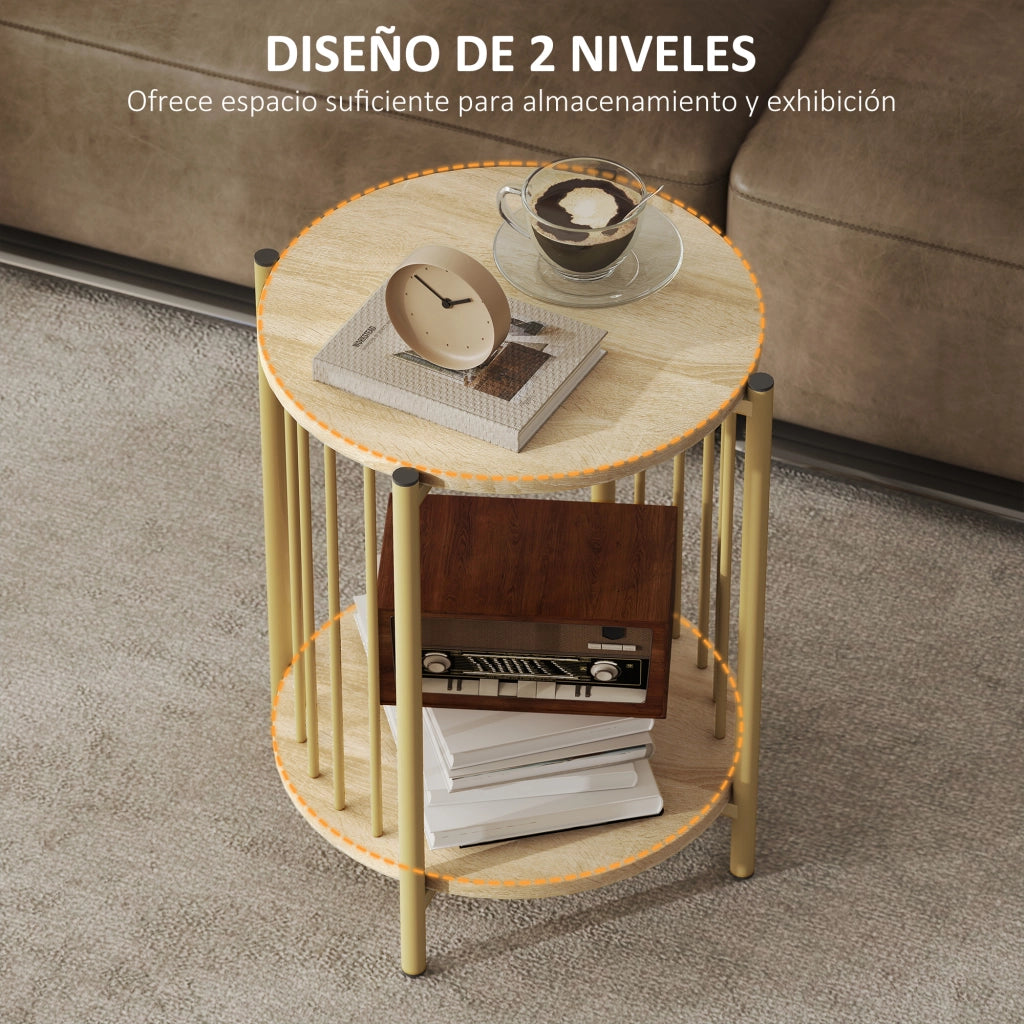 Tavolino da salotto rotondo a due livelli con ripiano ¨C Minimal ¨C legno naturale acciaio 41x49 cm
