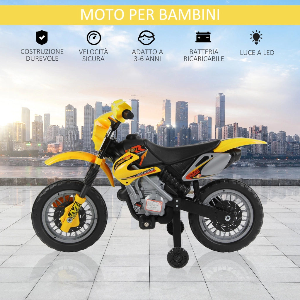 EasyComfort Moto Elettrica per Bambini 3 anni e Più, Moto Cross Elettrica con Rotelle, Batteria 6V Velocità 2.5km/h, 102 x 53 x 66cm, Giallo