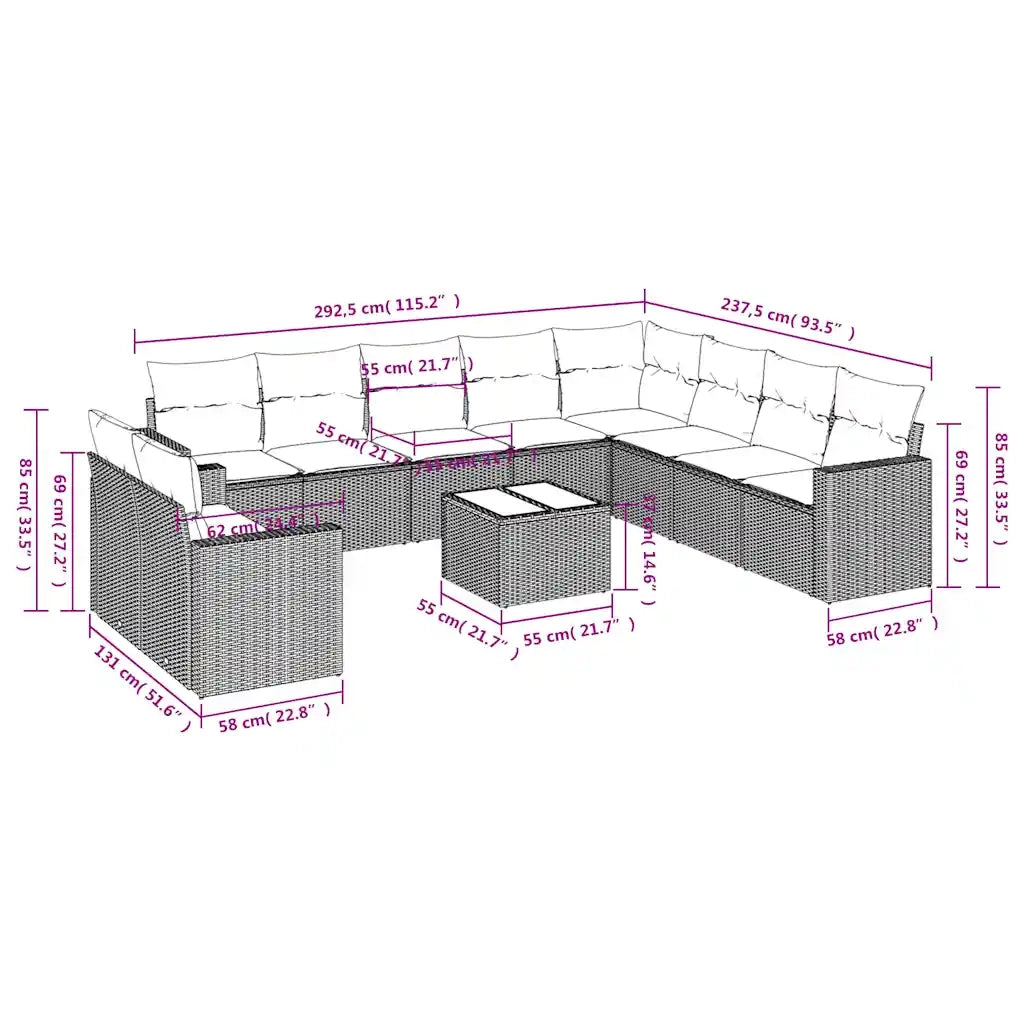 Set Divani da Giardino 11 pz con Cuscini Polyrattan Marrone