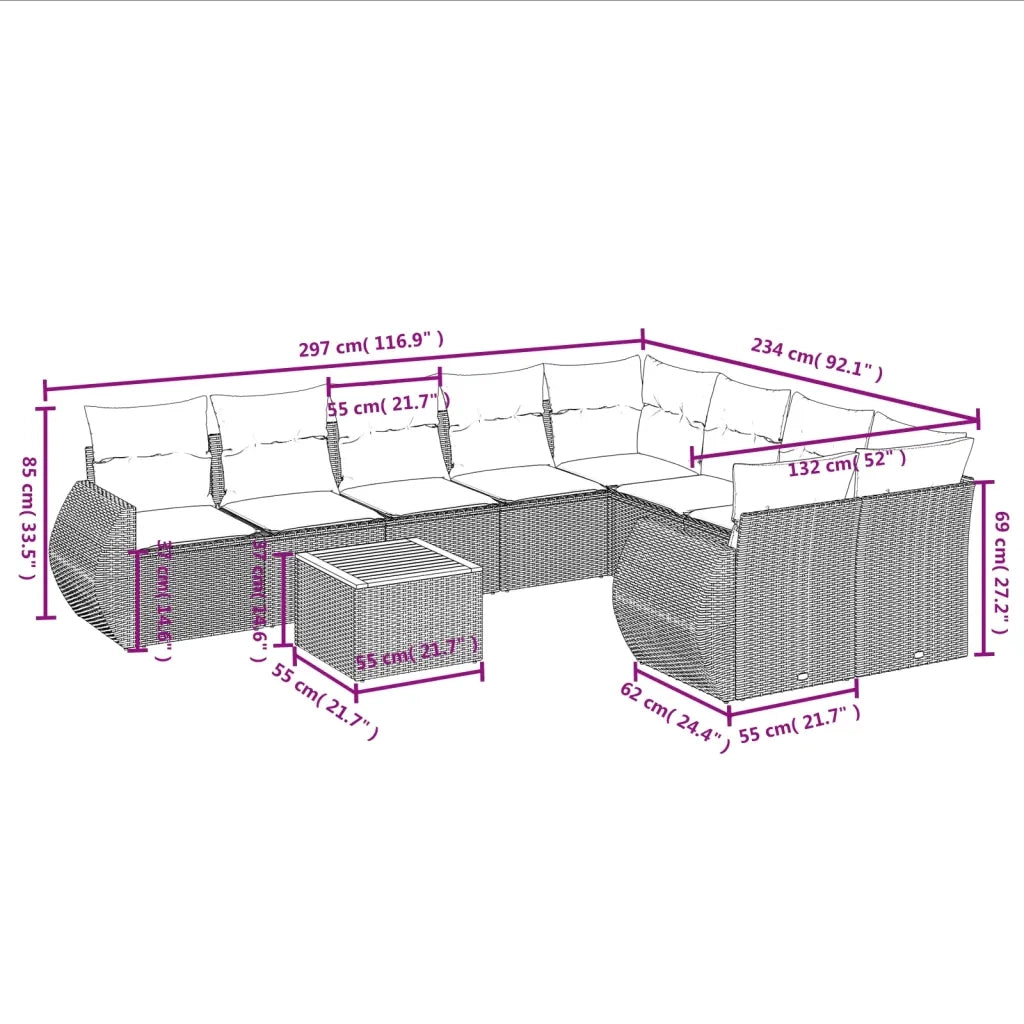 Set Divano da Giardino 10 pz con Cuscini Grigio in Polyrattan 3257495