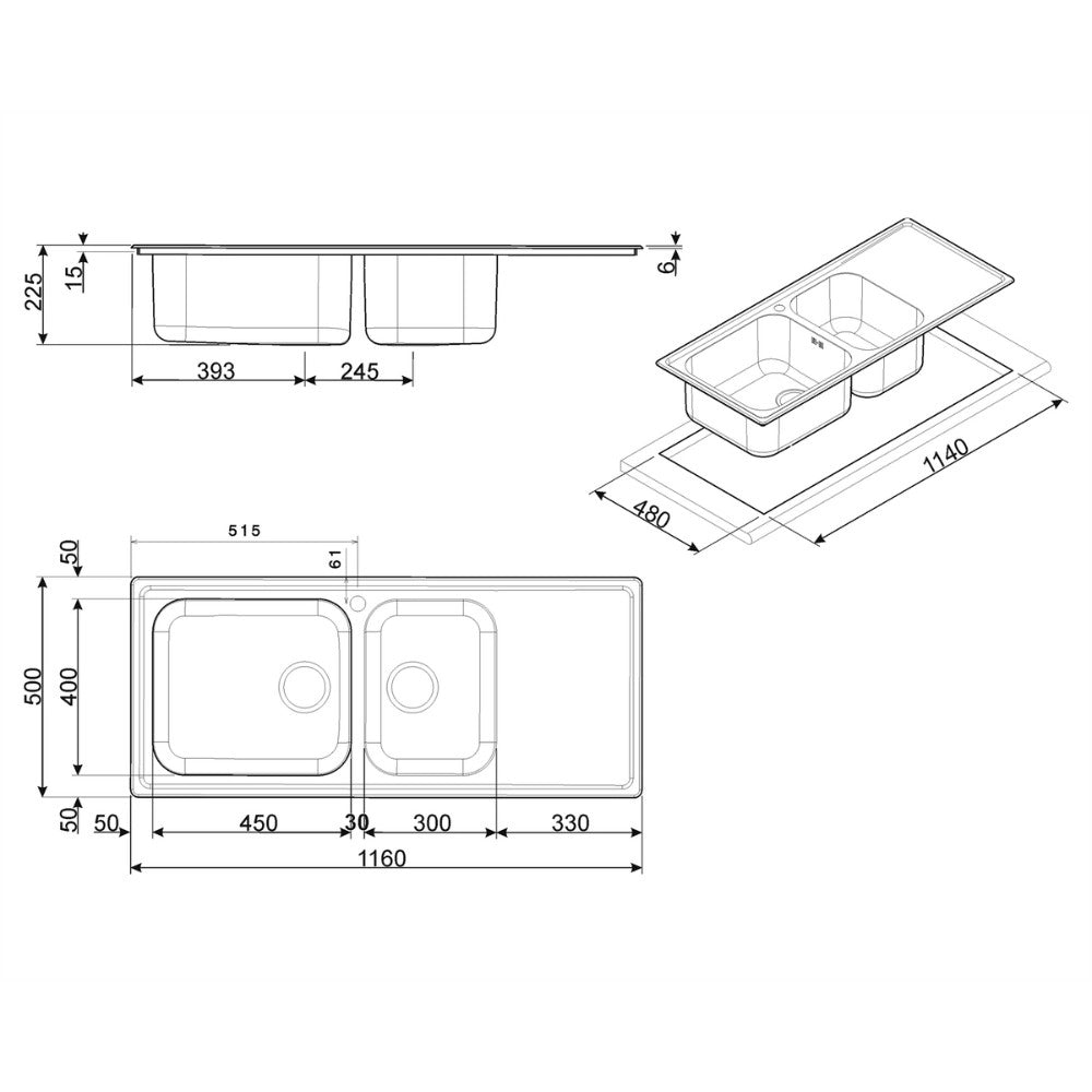 Lavello inox 116x50 cm LG116D2