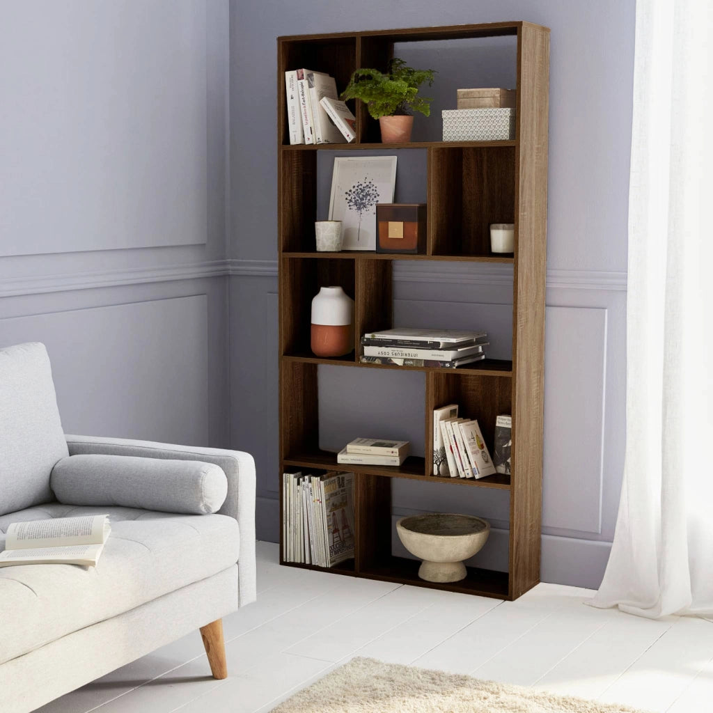 Libreria di design asimmetrica, legno scuro | sweeek