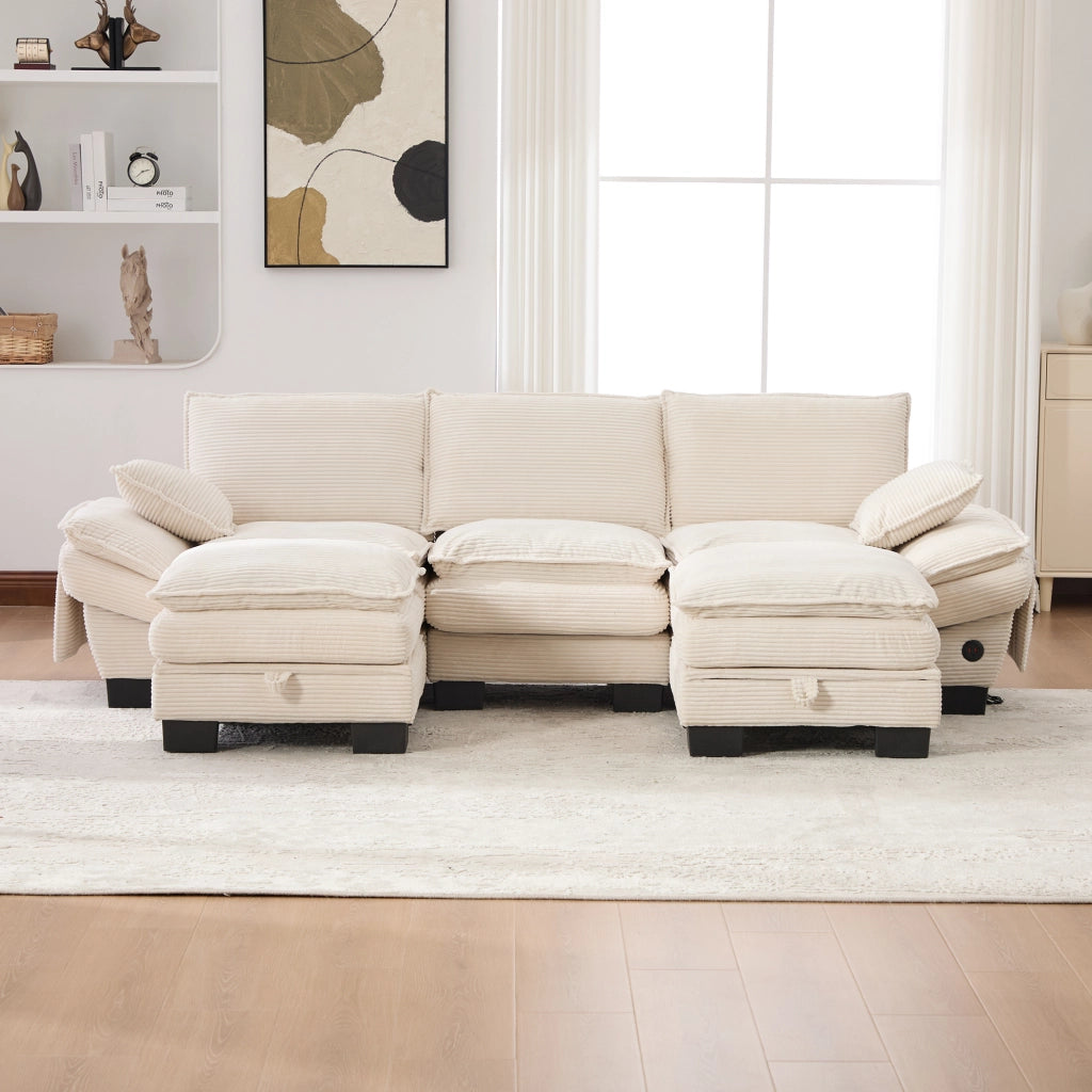 DIVANO Modulare 3 posti 260x132x84 cm in Corduroy Beige con 2 Pouf