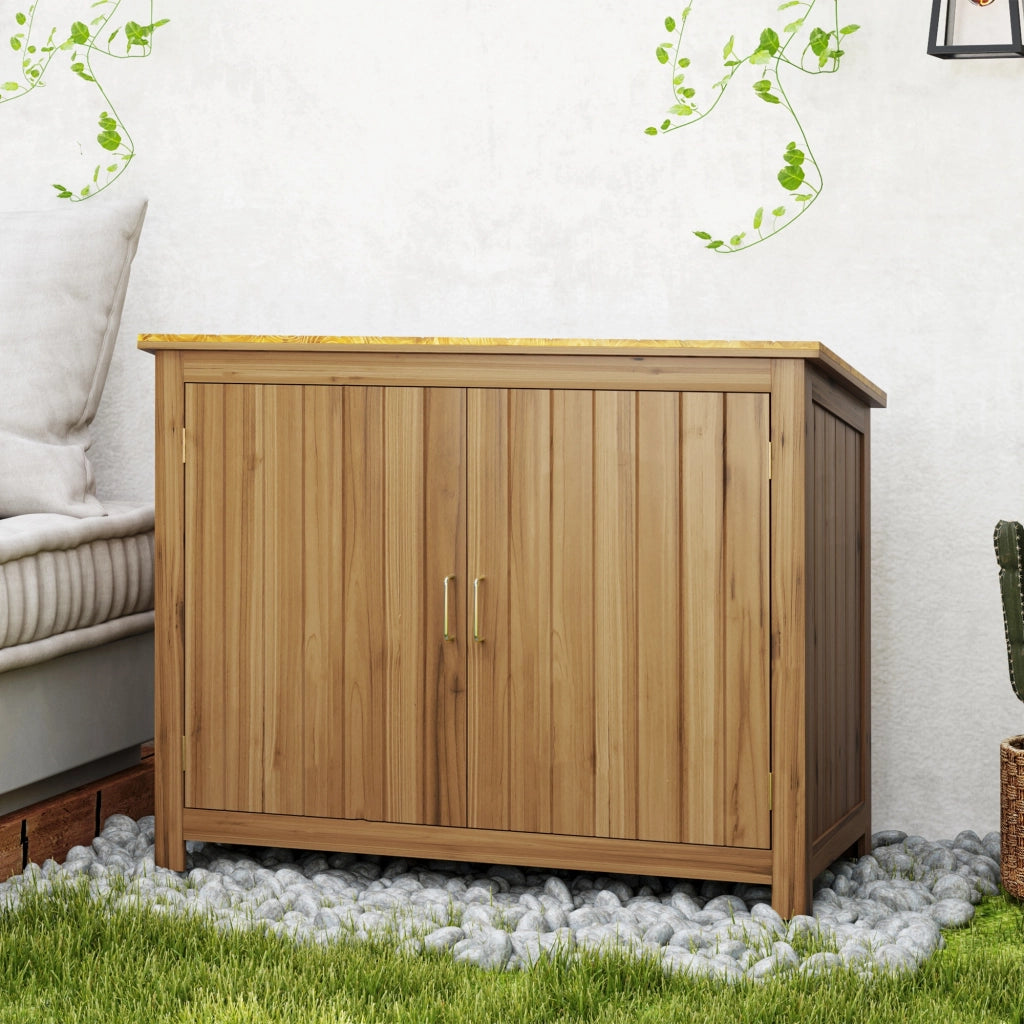 Armadio da giardino in legno ¨C Xylo ¨C 2 ante, 2 ripiani, tetto inclinato, 110x50x85 cm, marrone