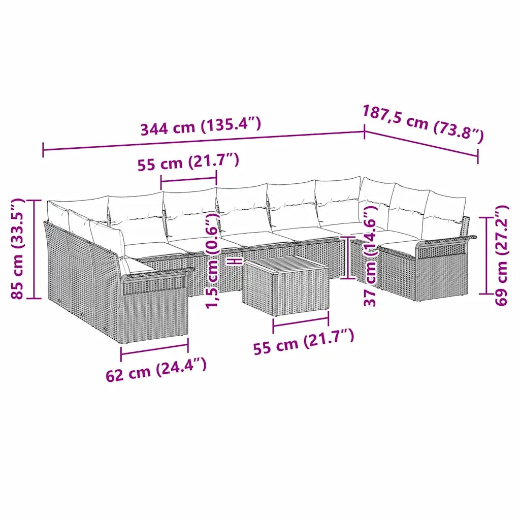 Set Divano da Giardino con cuscino 11 pcs Grigio polyrattan 3347377