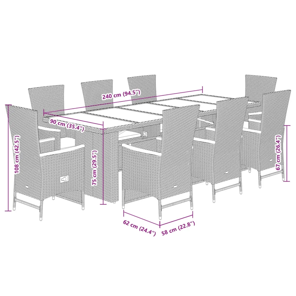 Set da Pranzo da Giardino 9 pz con Cuscini Nero in Polyrattan 3277535