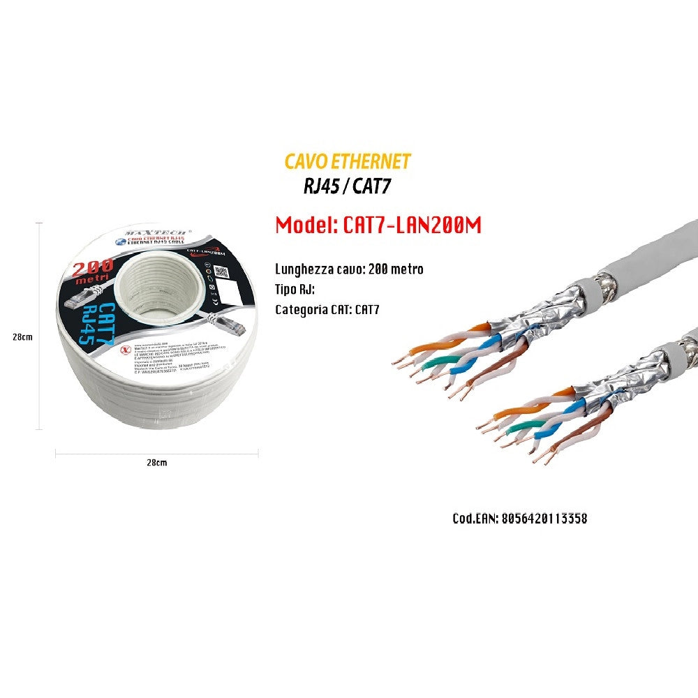 Trade Shop - Matassa 200 Mt Metri Cavo Di Rete Cat 7 Lan Ethernet Maxtech Cat7-lan200m -