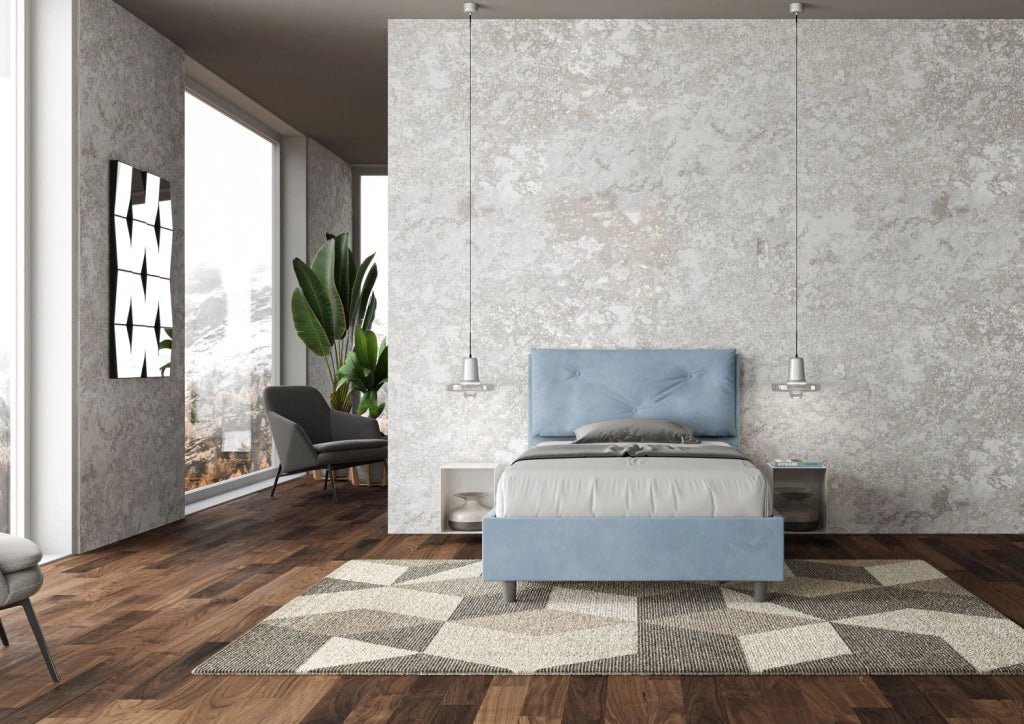 BS COM Letto una piazza e mezza senza rete imbottito 130x190 microfibra azzurro Large