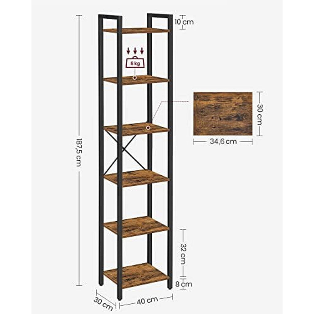 Libreria a colonna industrial in acciaio e legno con 6 ripiani