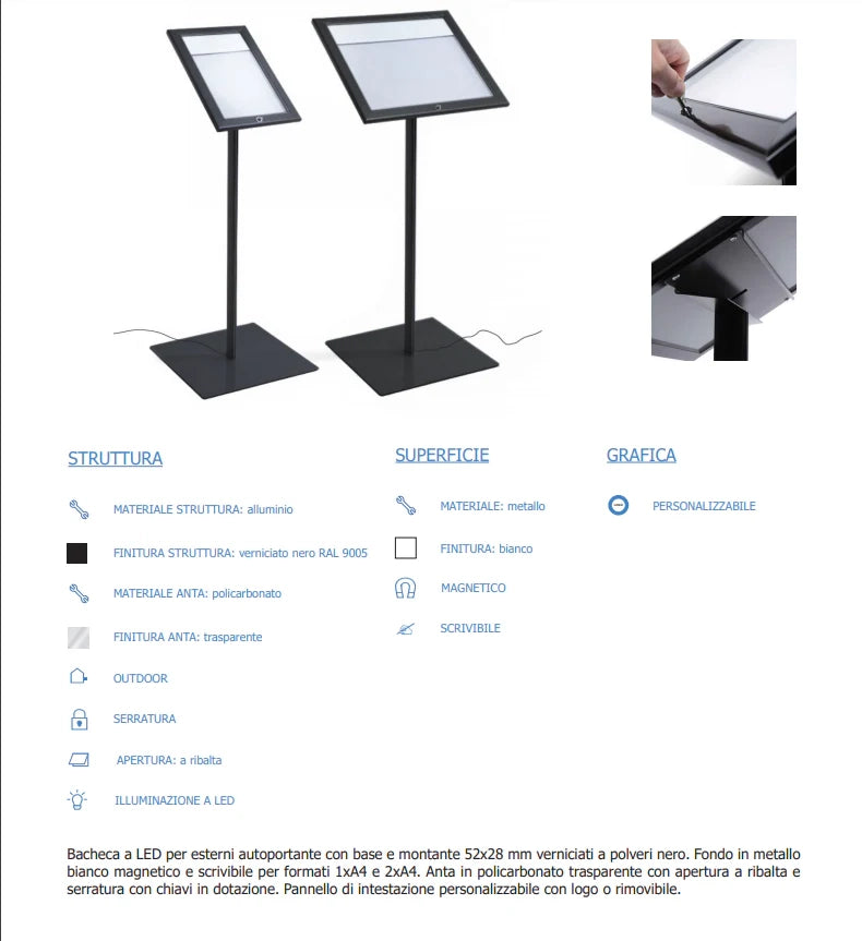 Leggio Menu per esterni Led Nero Ristoranti Alberghi Bed and Breakfast - A4 LED