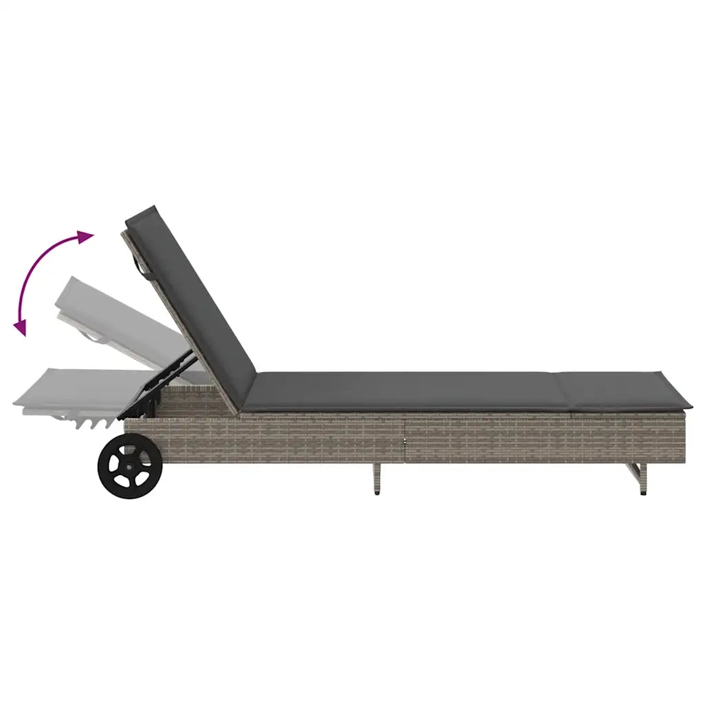 Lettino Prendisole con Ruote e Cuscino in Polyrattan Grigio 4104035