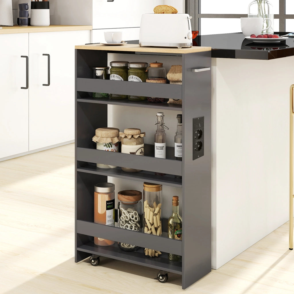 Carrello da cucina 4 ripiani con stazione di ricarica maniglia e parapetti-Scaffale stretto a sfilo con ruote bloccabili per cucina  Grigio  20cm