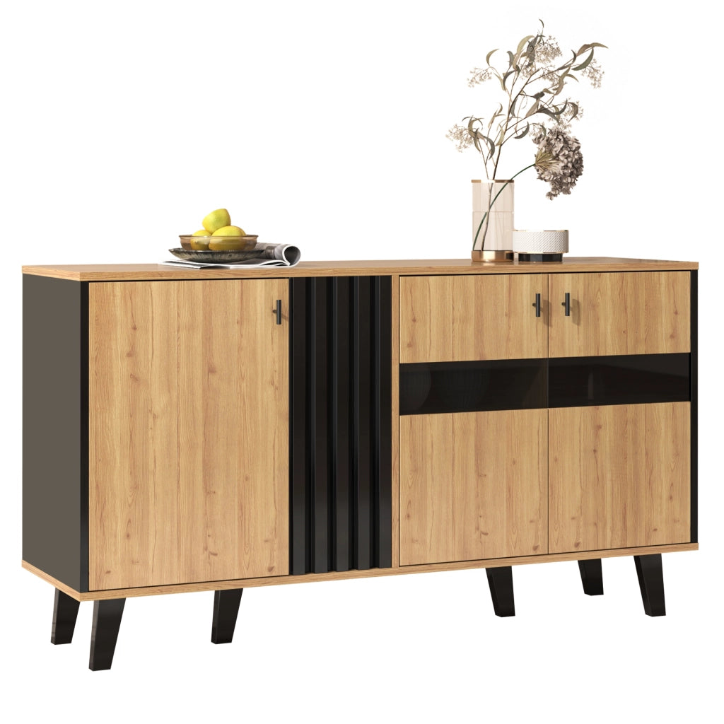 Credenza con LED e Vetro ¨C Xylo ¨C Legno e Nero, 140x78,5x41 cm
