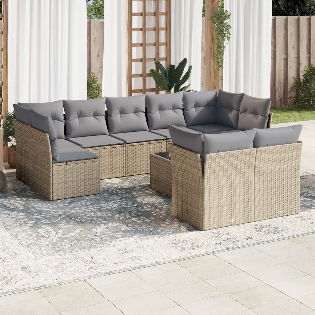 Set Divano da Giardino 10 pz con Cuscini Beige in Polyrattan