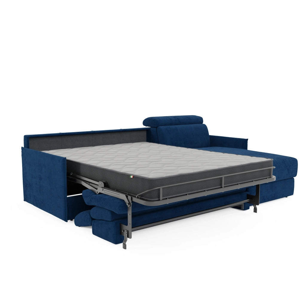 Miryam divano letto angolare compatto - poggiatesta reclinabili e penisola contenitore in tessuto smacchiabile T31 232 cm sinistro blu