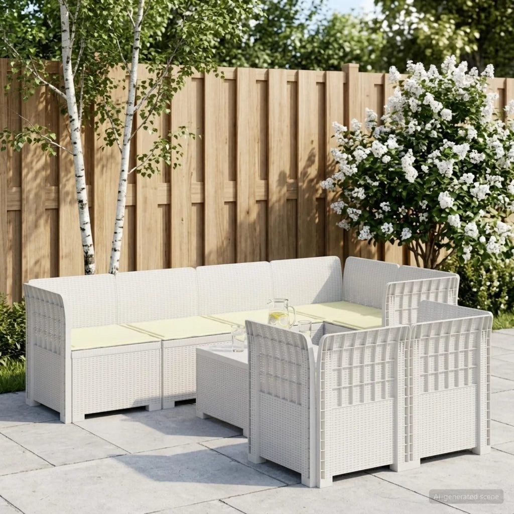 Divano 7 Posti da Giardino con Cuscini Aspetto Rattan PP Bianco 3444150