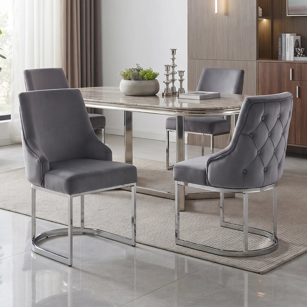 SEDIA da pranzo in velluto grigio e metallo argento, Set da 4 pezzi
