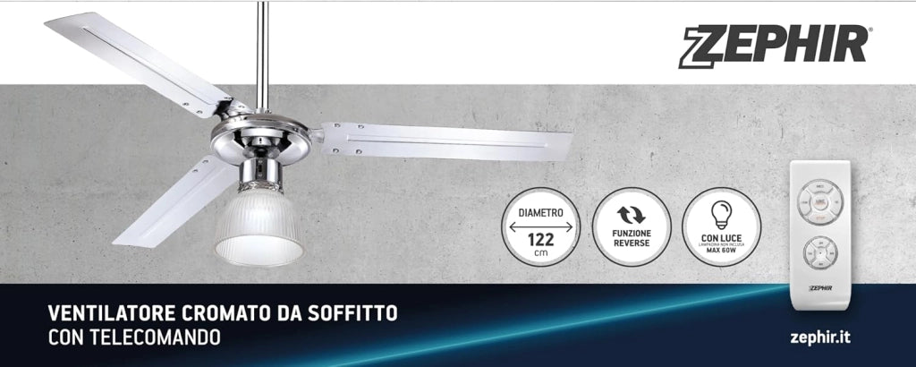 Ventilatore a Soffitto Zephir ZFR3121X 120 cm con Luce, 3 Pale in Metallo Cromato, Telecomando, 5 Velocità, Funzione Reversibilità Estate/Inverno, Timer 1/2/4/8 Ore, Lampada E27 fino 60W, Potenza 70W – Ideale per Casa, Soggiorno e Ufficio