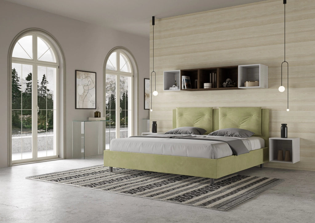 BS COM Letto matrimoniale king size senza rete imbottito 190x190 microfibra tè verde