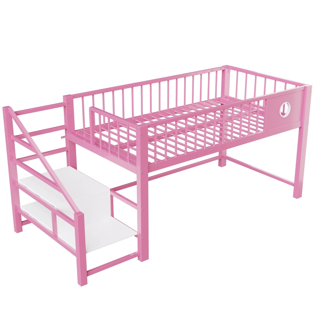 Letto basso per bambini rosa 90 x 200 cm; struttura metallica robusta; scala con riposticulo; per bambini e adolescenti