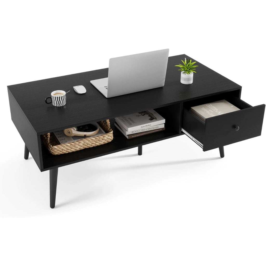 Tavolino moderno mid-century con 1 cassetto e mensola, Tavolino da caff¨¨ per salone e reception Nero-Tavolini